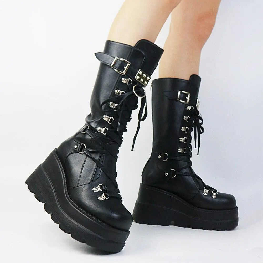 DoraTasia Women's Gothic Punk Street Ankle Boots with Platform Wedges and High Heels