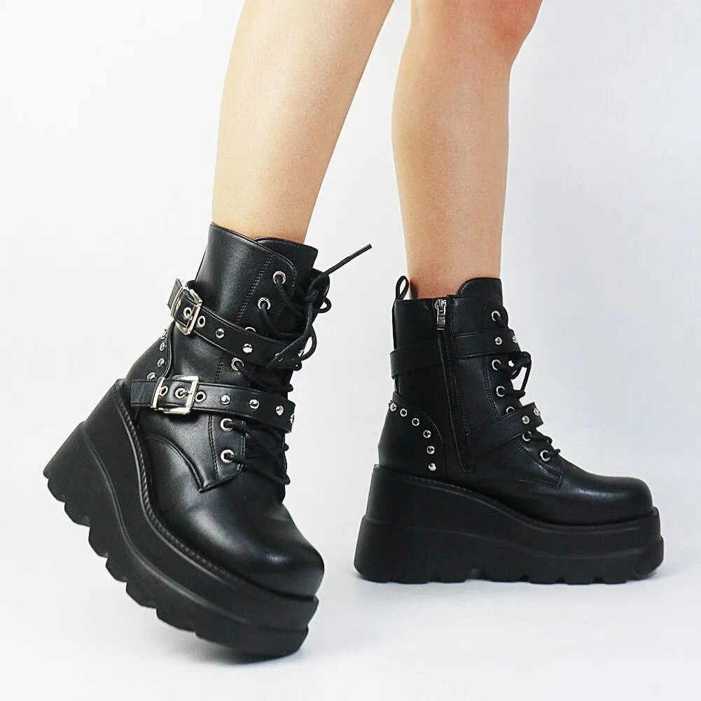DoraTasia Women's Gothic Punk Street Ankle Boots with Platform Wedges and High Heels