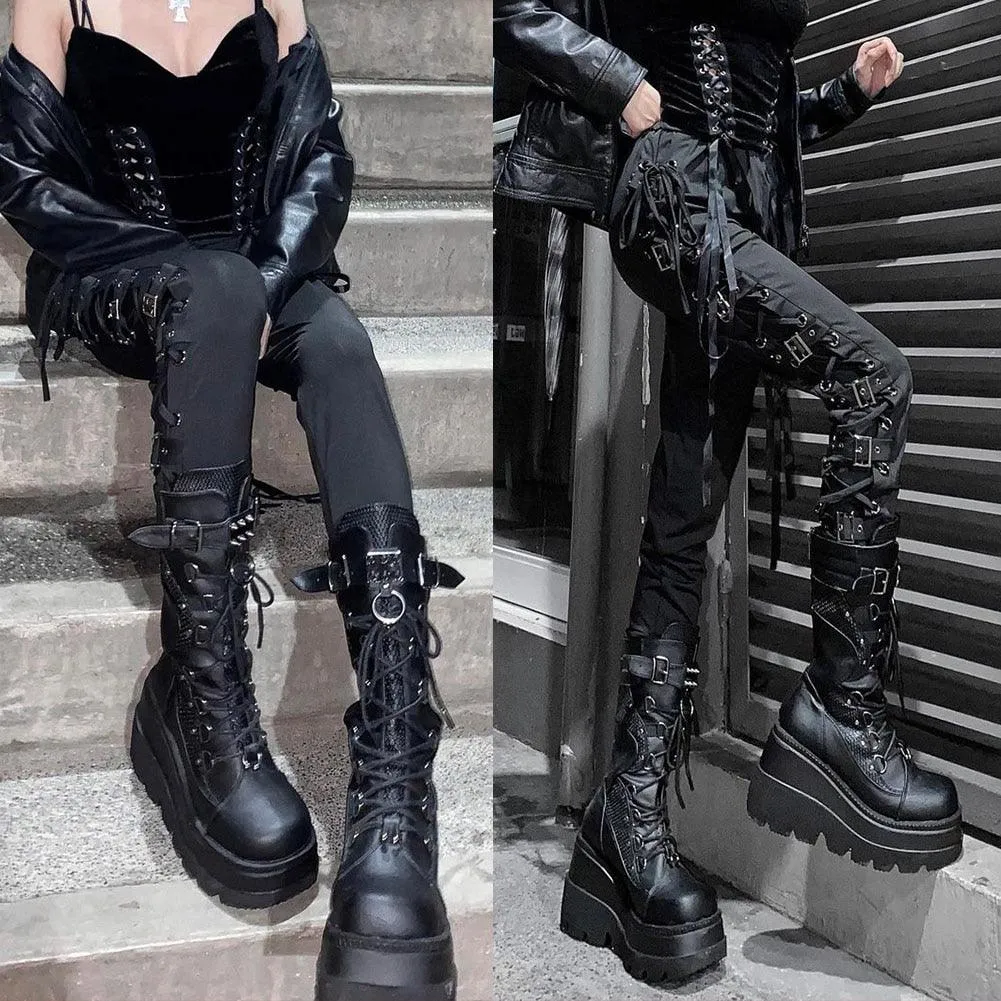 DoraTasia Women's Gothic Punk Street Ankle Boots with Platform Wedges and High Heels