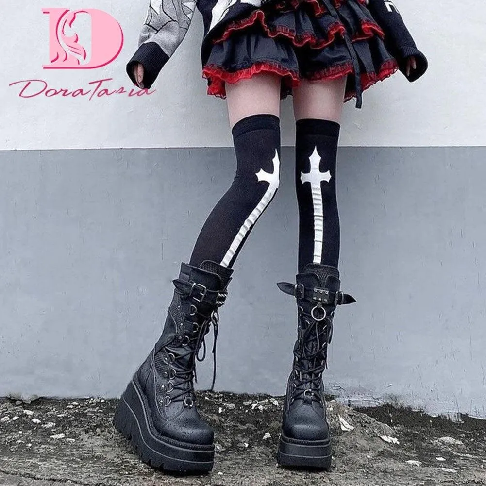DoraTasia Women's Gothic Punk Street Ankle Boots with Platform Wedges and High Heels