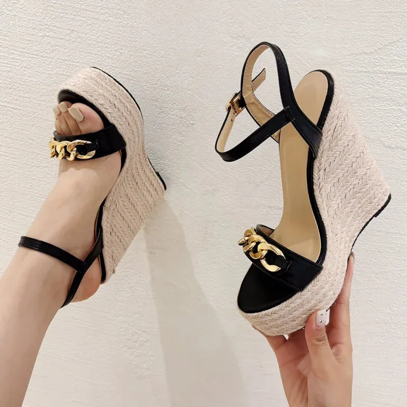 Eilyken 2025 Summer Open Toe CHAIN Solid Platform Wedges Woman Sandals Fashion Hollow Out Thick Bottom High Heels Shoes