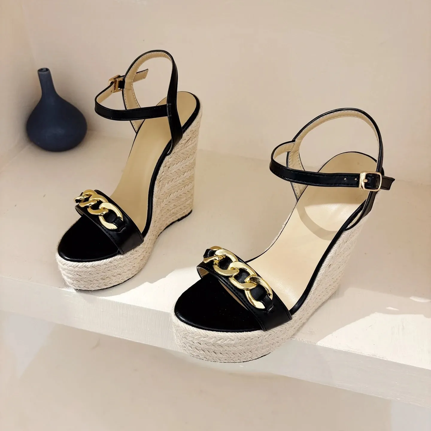 Eilyken 2025 Summer Open Toe CHAIN Solid Platform Wedges Woman Sandals Fashion Hollow Out Thick Bottom High Heels Shoes