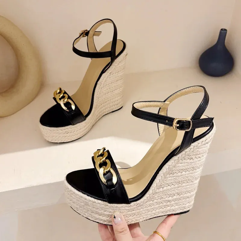 Eilyken 2025 Summer Open Toe CHAIN Solid Platform Wedges Woman Sandals Fashion Hollow Out Thick Bottom High Heels Shoes