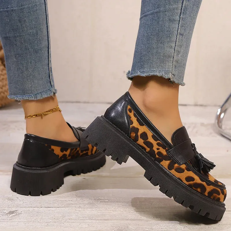 Faux Suede Leopard Oxfords Shoes Women Fashion Tassels Platform Loafers Shoes Woman Comfort Thick Heel Non-Slip Casual Shoes