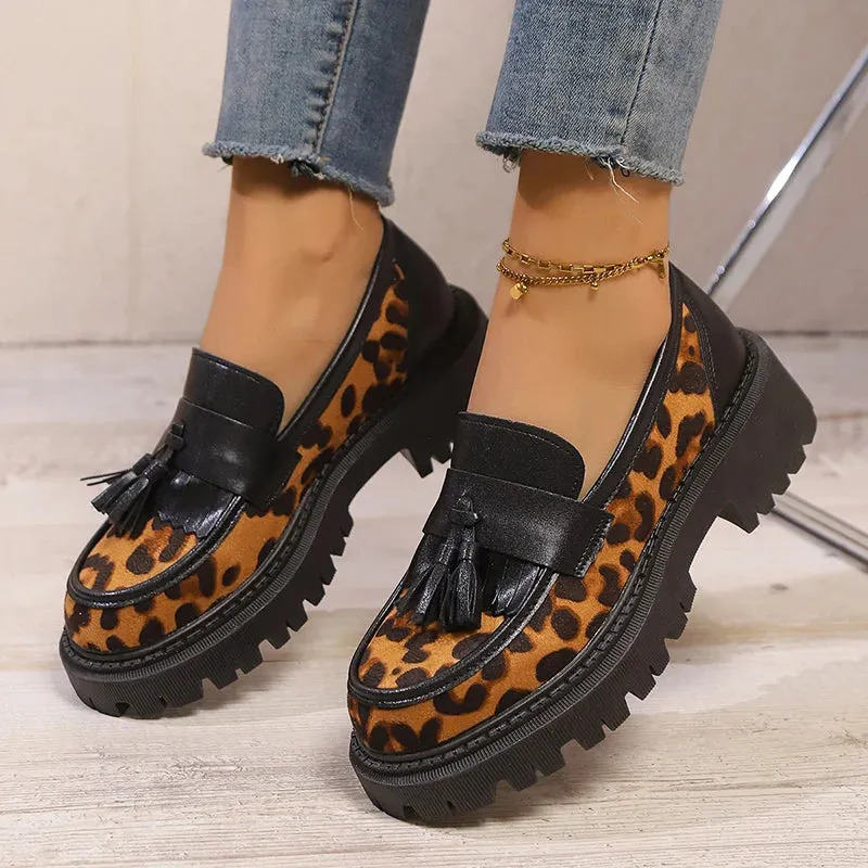 Faux Suede Leopard Oxfords Shoes Women Fashion Tassels Platform Loafers Shoes Woman Comfort Thick Heel Non-Slip Casual Shoes