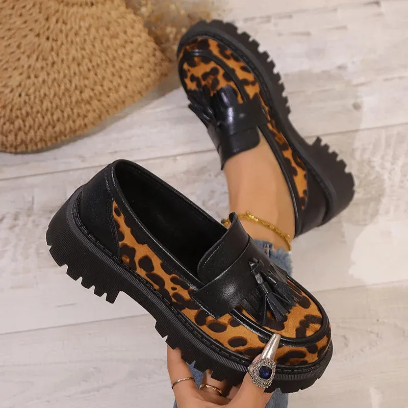 Faux Suede Leopard Oxfords Shoes Women Fashion Tassels Platform Loafers Shoes Woman Comfort Thick Heel Non-Slip Casual Shoes