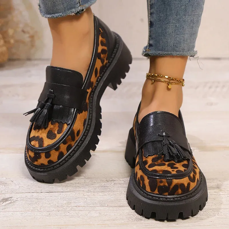 Faux Suede Leopard Oxfords Shoes Women Fashion Tassels Platform Loafers Shoes Woman Comfort Thick Heel Non-Slip Casual Shoes