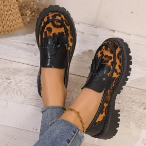Faux Suede Leopard Oxfords Shoes Women Fashion Tassels Platform Loafers Shoes Woman Comfort Thick Heel Non-Slip Casual Shoes