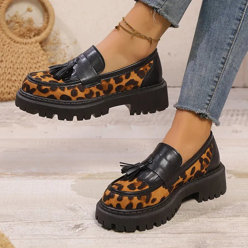 Faux Suede Leopard Oxfords Shoes Women Fashion Tassels Platform Loafers Shoes Woman Comfort Thick Heel Non-Slip Casual Shoes