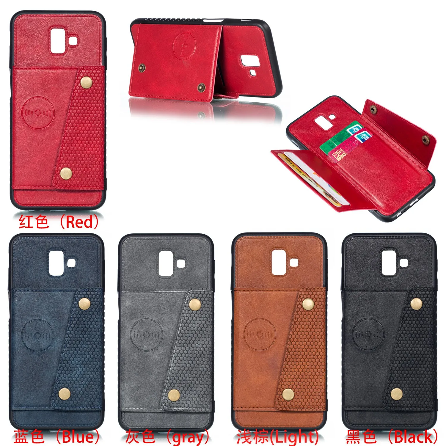 For Samsung J6 PLUS Double Buckle Non-slip Shockproof Cell Phone Case with Card Slot Bracket blue