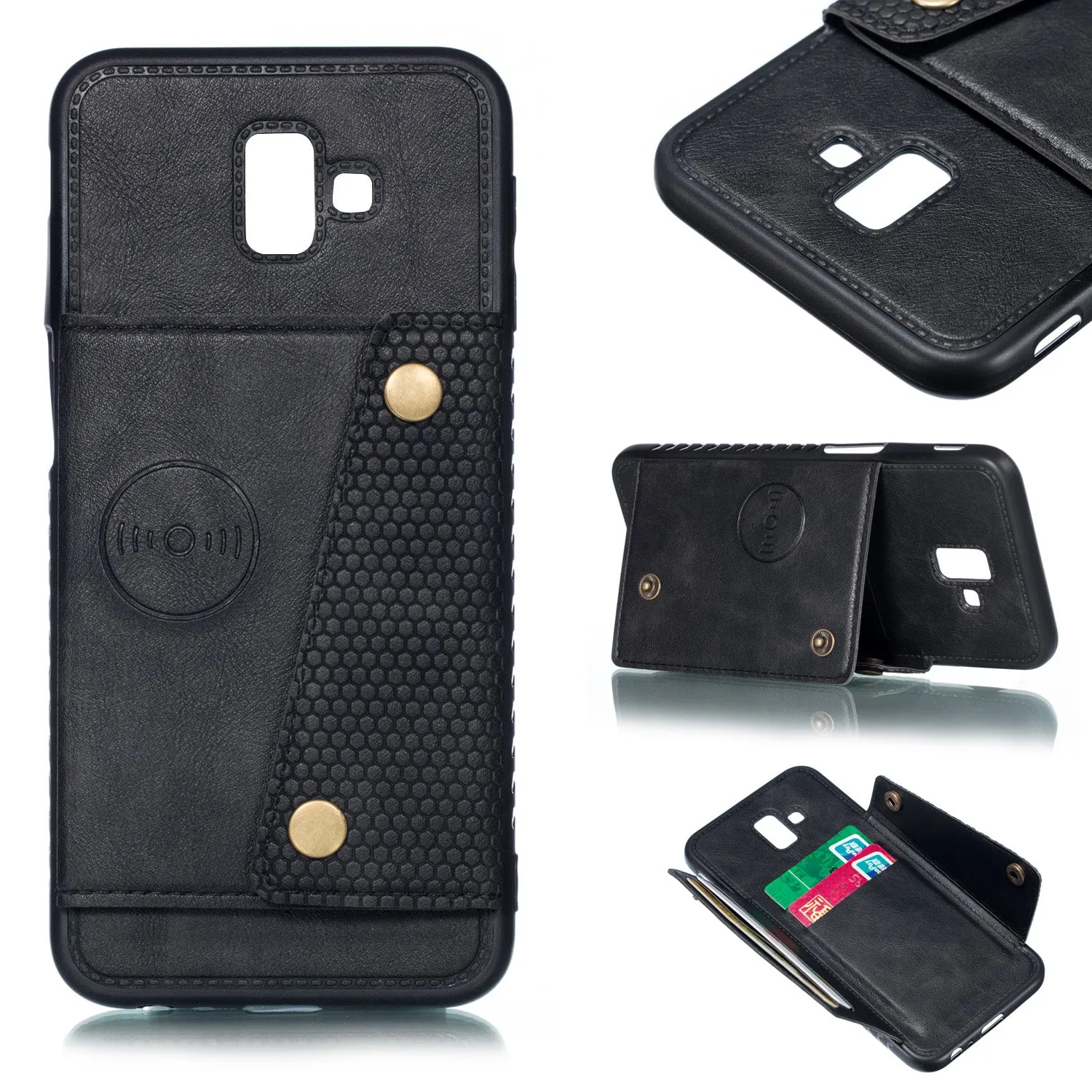 For Samsung J6 PLUS Double Buckle Non-slip Shockproof Cell Phone Case with Card Slot Bracket blue