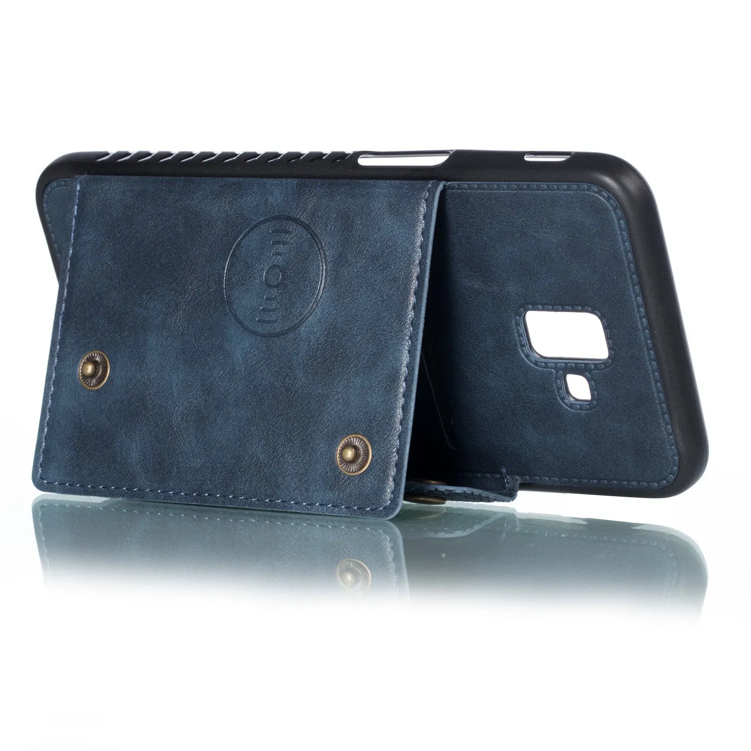 For Samsung J6 PLUS Double Buckle Non-slip Shockproof Cell Phone Case with Card Slot Bracket blue