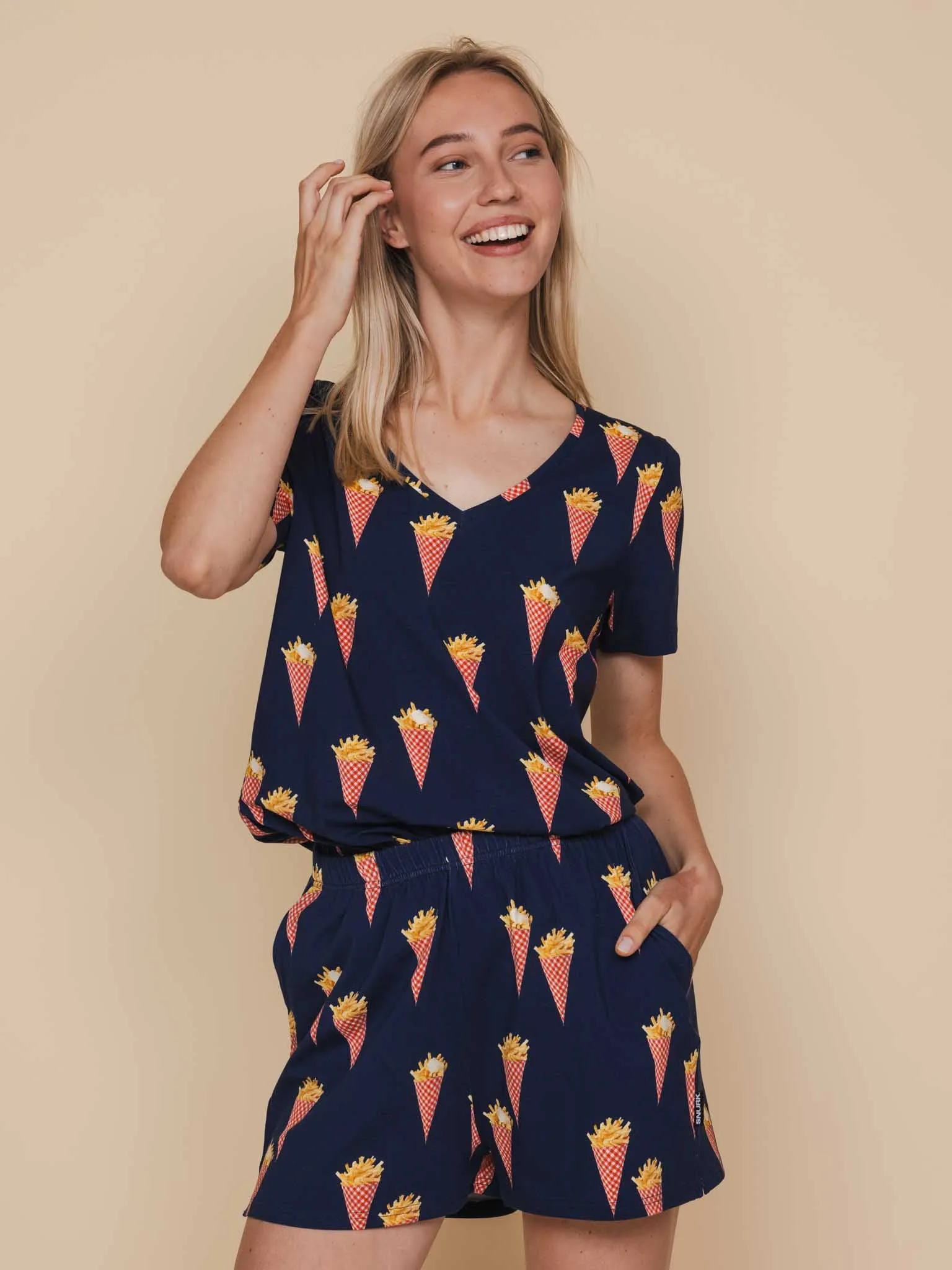 Fries Navy V-neck T-shirt Dames