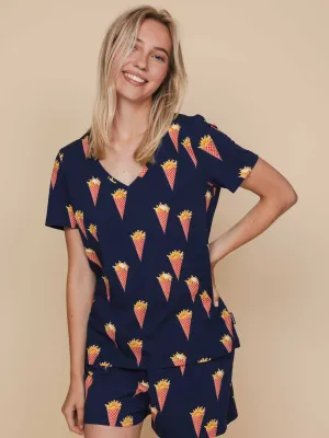 Fries Navy V-neck T-shirt Dames