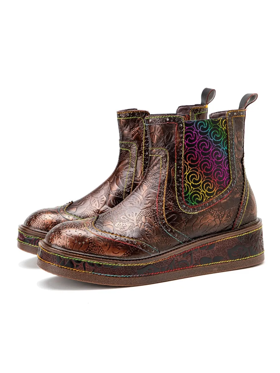 Genuine Leather Bronze Rose Embossed Flat Chelsea Boots