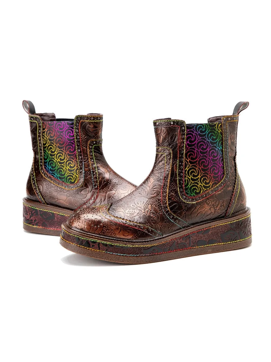 Genuine Leather Bronze Rose Embossed Flat Chelsea Boots