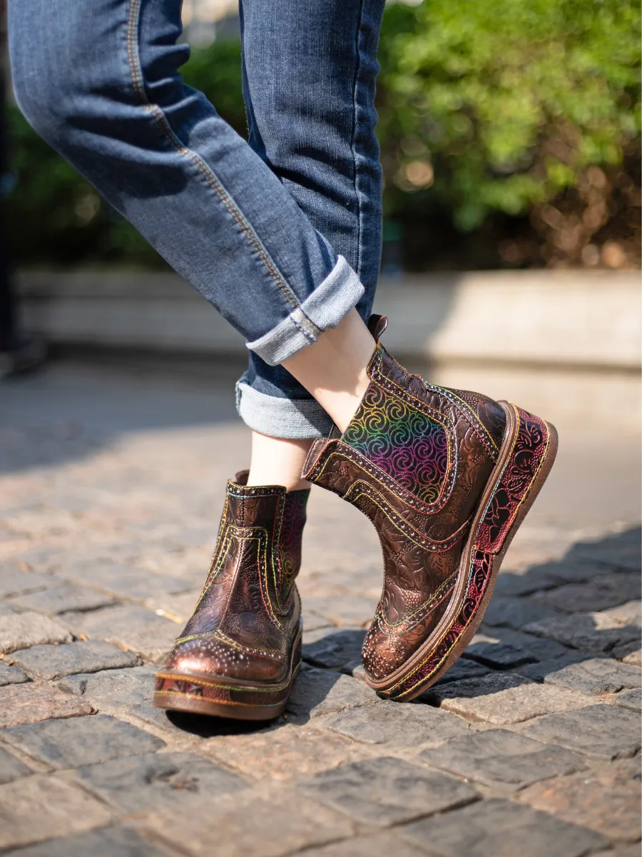 Genuine Leather Bronze Rose Embossed Flat Chelsea Boots
