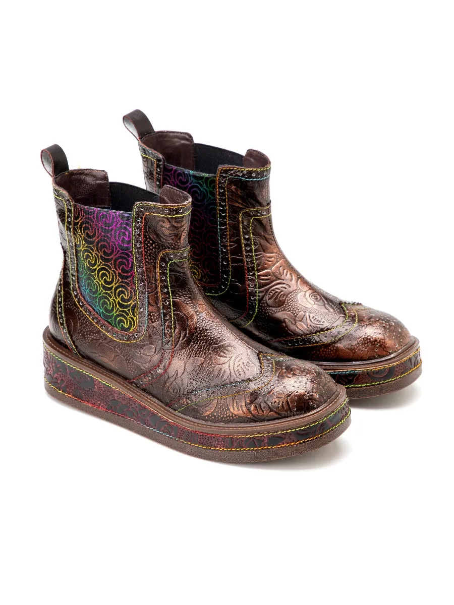 Genuine Leather Bronze Rose Embossed Flat Chelsea Boots