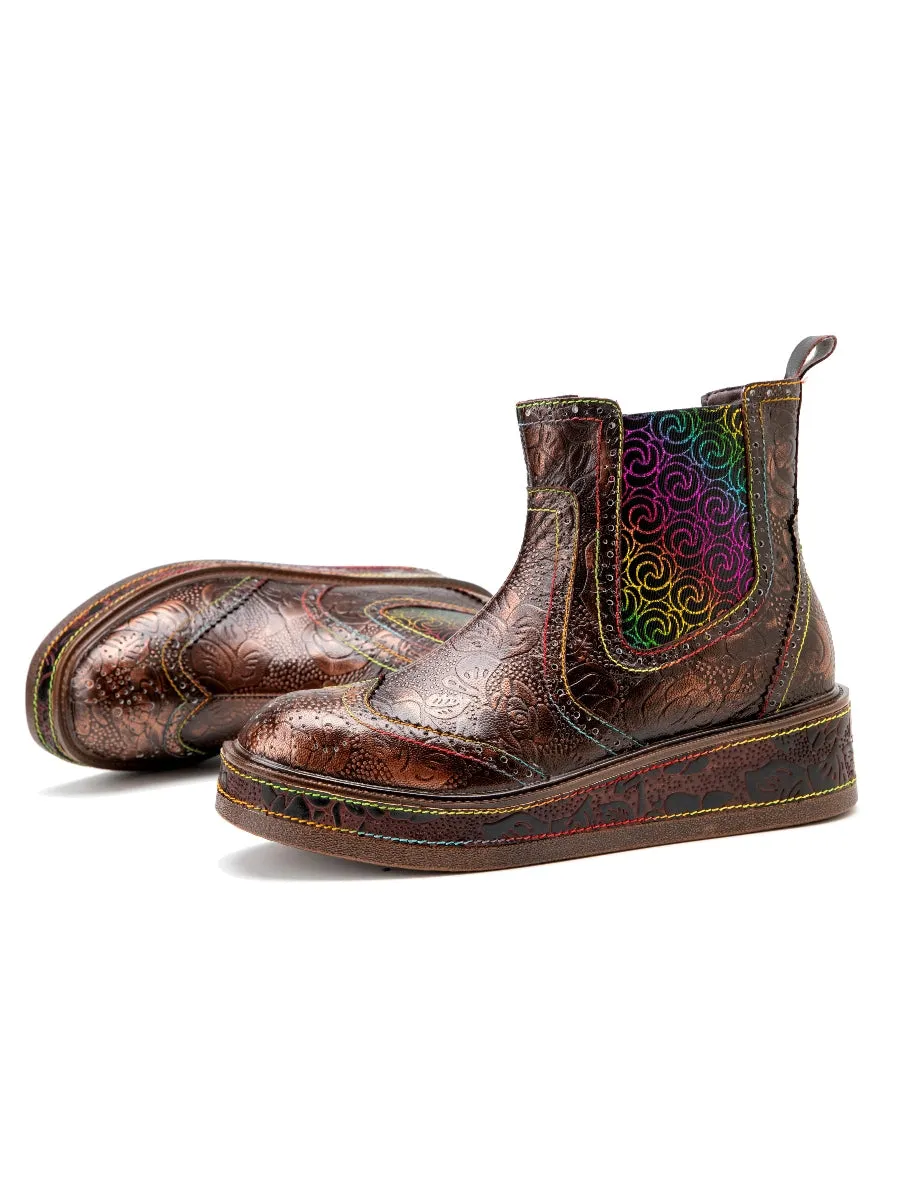 Genuine Leather Bronze Rose Embossed Flat Chelsea Boots