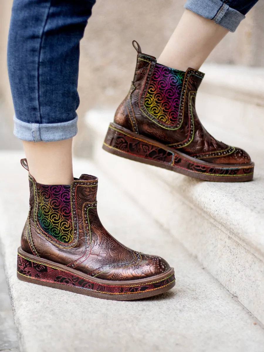 Genuine Leather Bronze Rose Embossed Flat Chelsea Boots