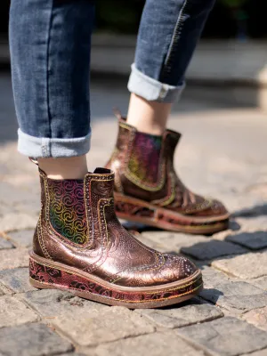 Genuine Leather Bronze Rose Embossed Flat Chelsea Boots