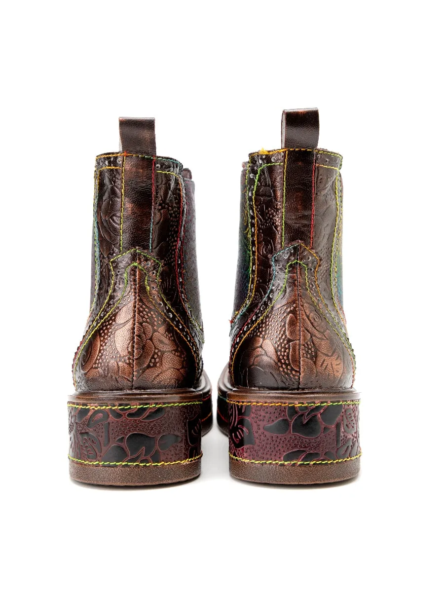 Genuine Leather Bronze Rose Embossed Flat Chelsea Boots