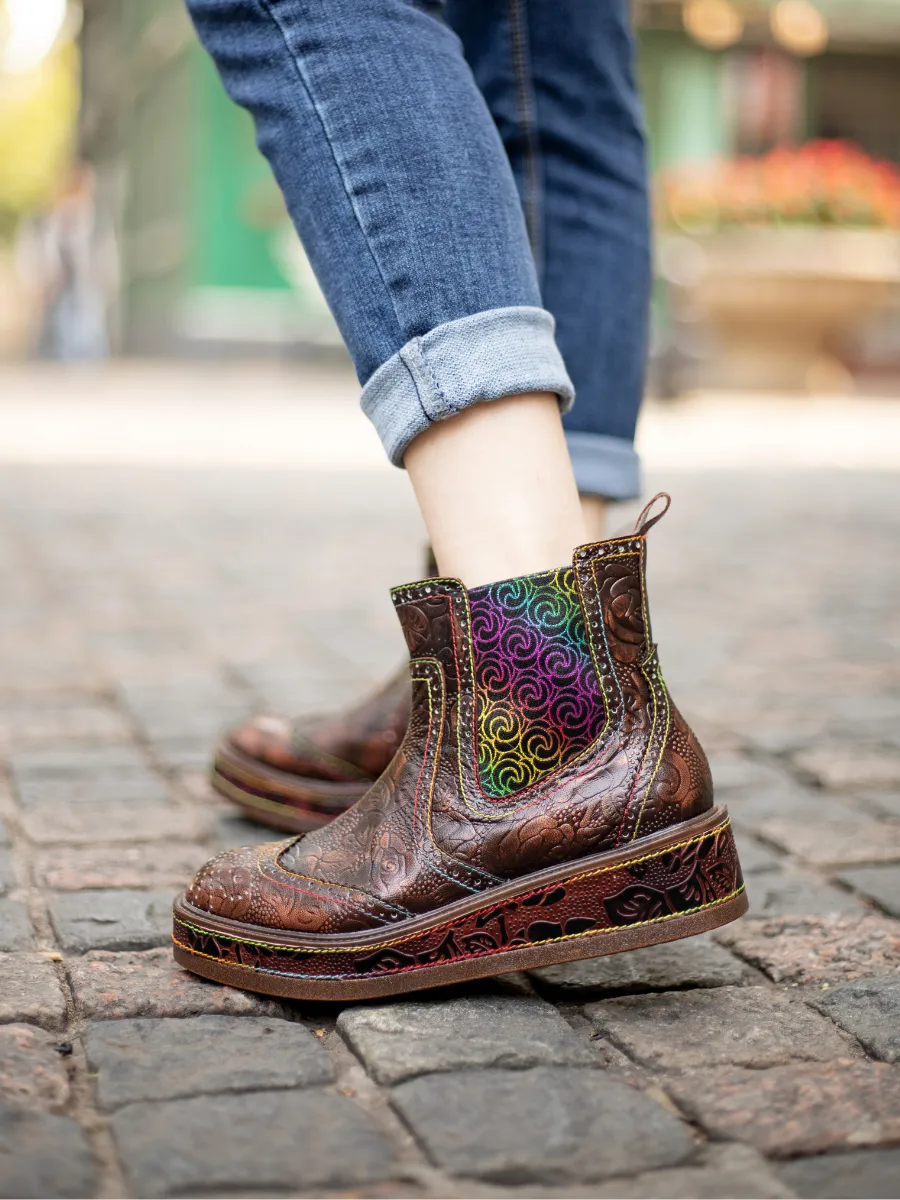 Genuine Leather Bronze Rose Embossed Flat Chelsea Boots