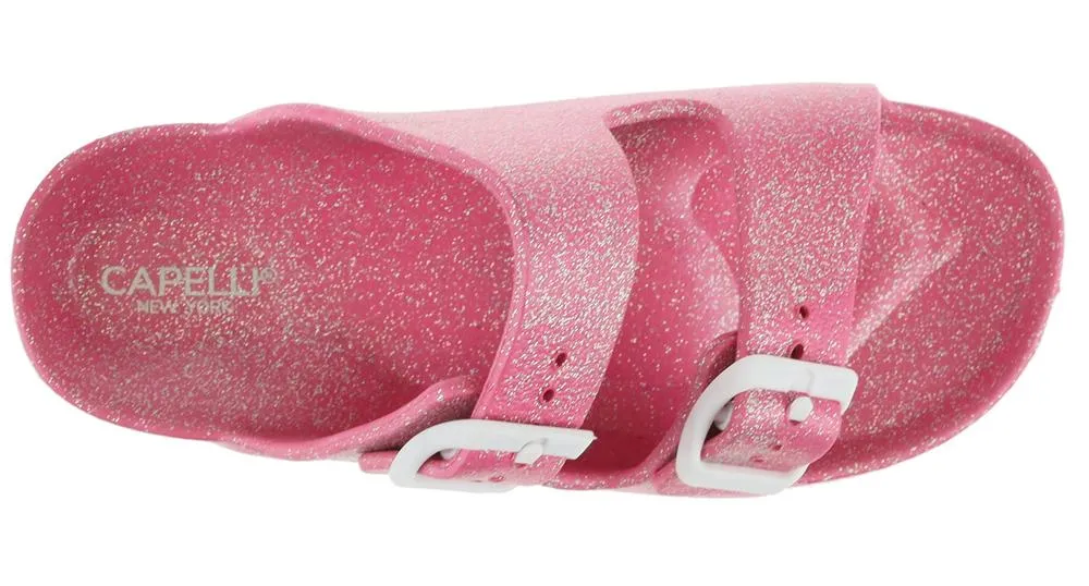 Girls Pink Shimmer Double Strap Slip-On Sandal