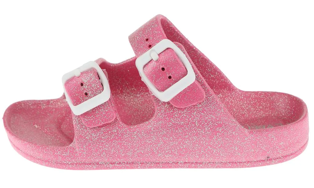 Girls Pink Shimmer Double Strap Slip-On Sandal