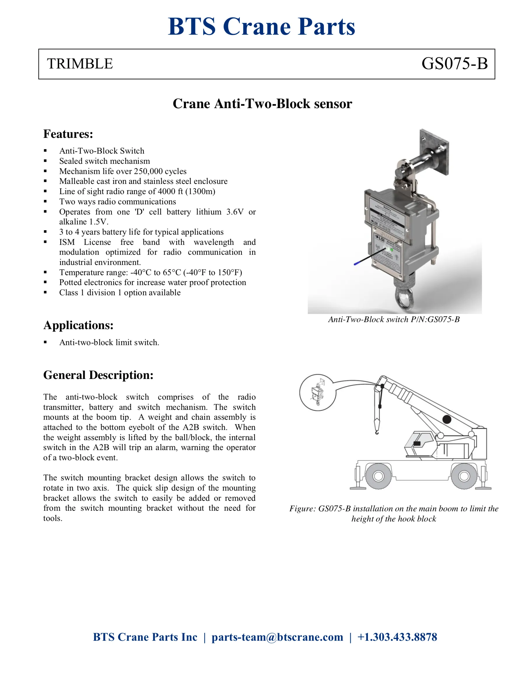 GS075-B Trimble LSI Wireless Anti Two Block Switch