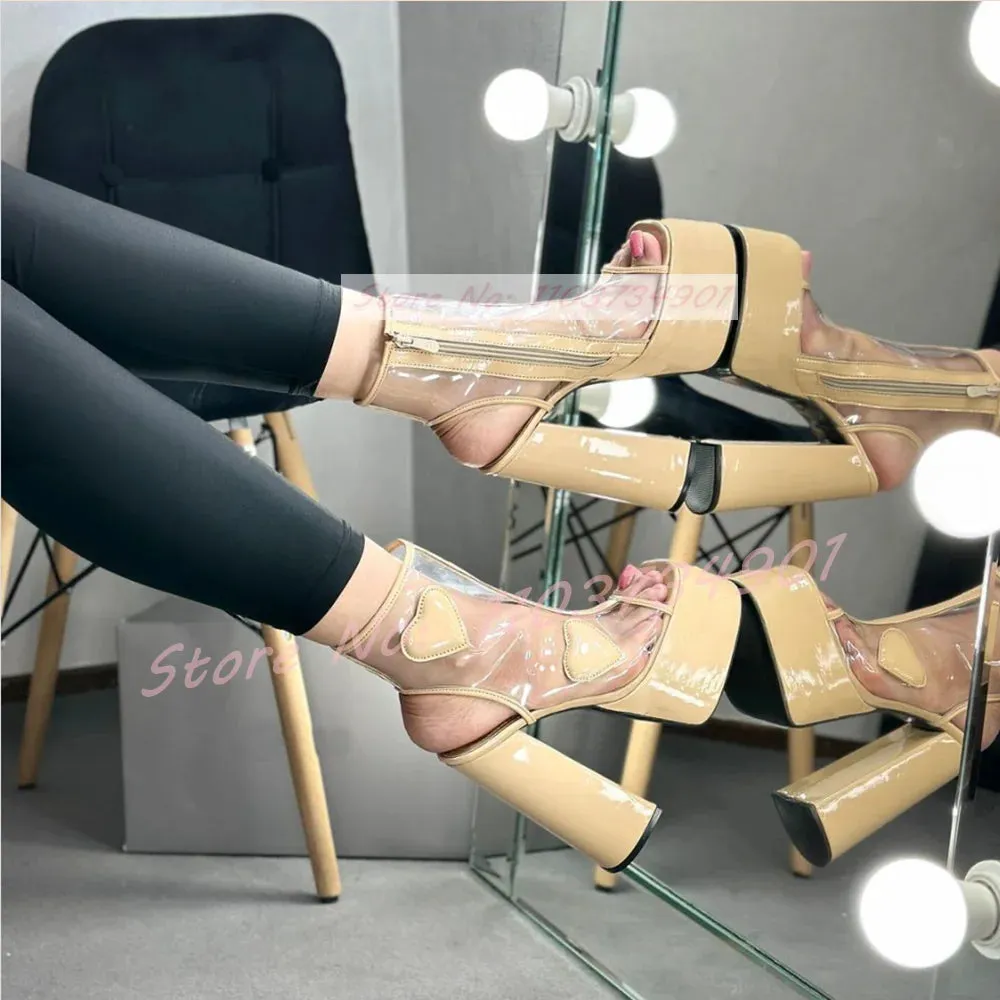 Heart Pvc Bare Heel Ankle Boots Women Platform Side Zip Block High Heels Shoes Ladies Open Toe Sweet Party Sexy Lovely Boots