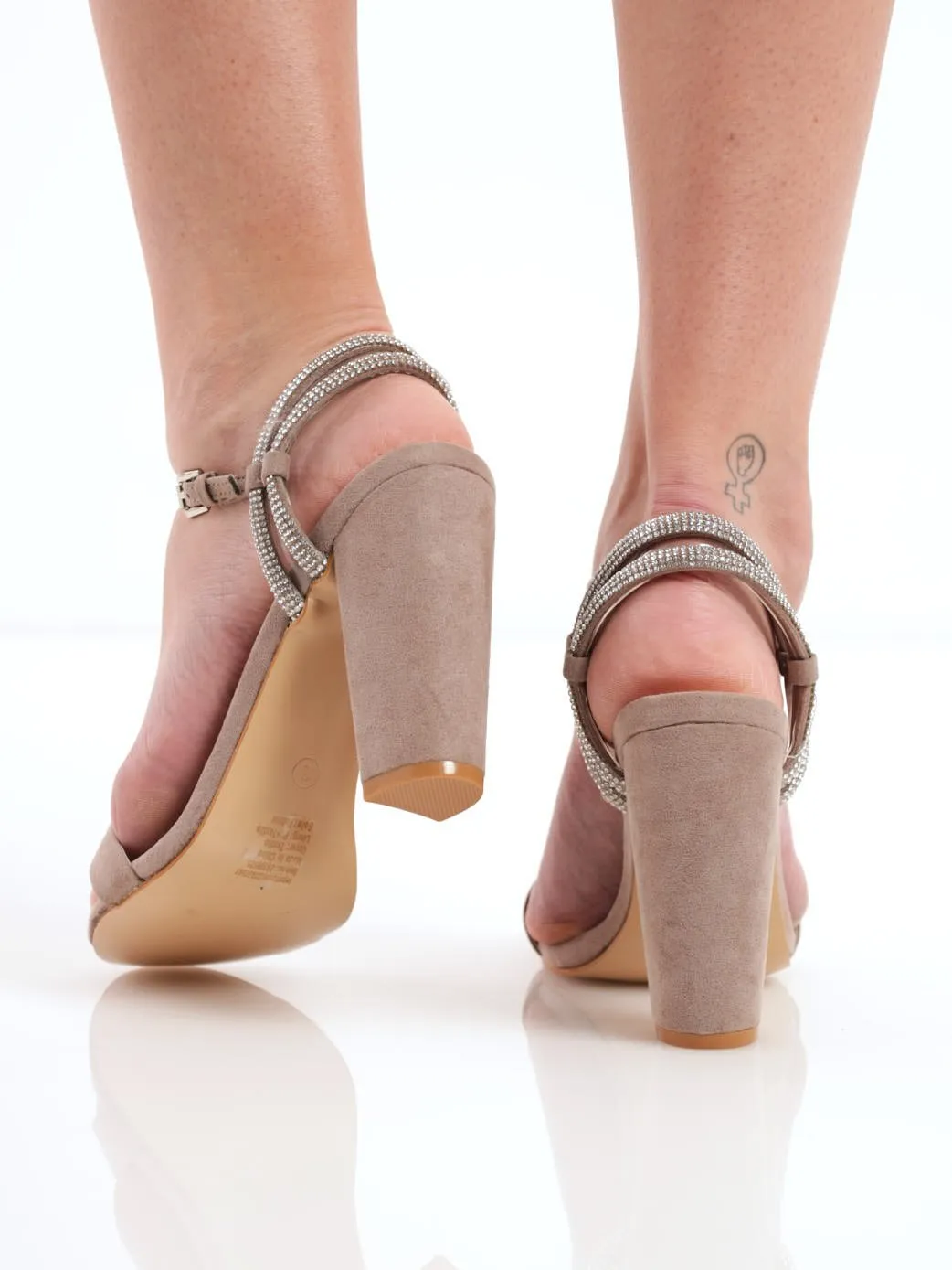Ladies Diamante Tube Ankle Strap Hi-Block Heel - Taupe