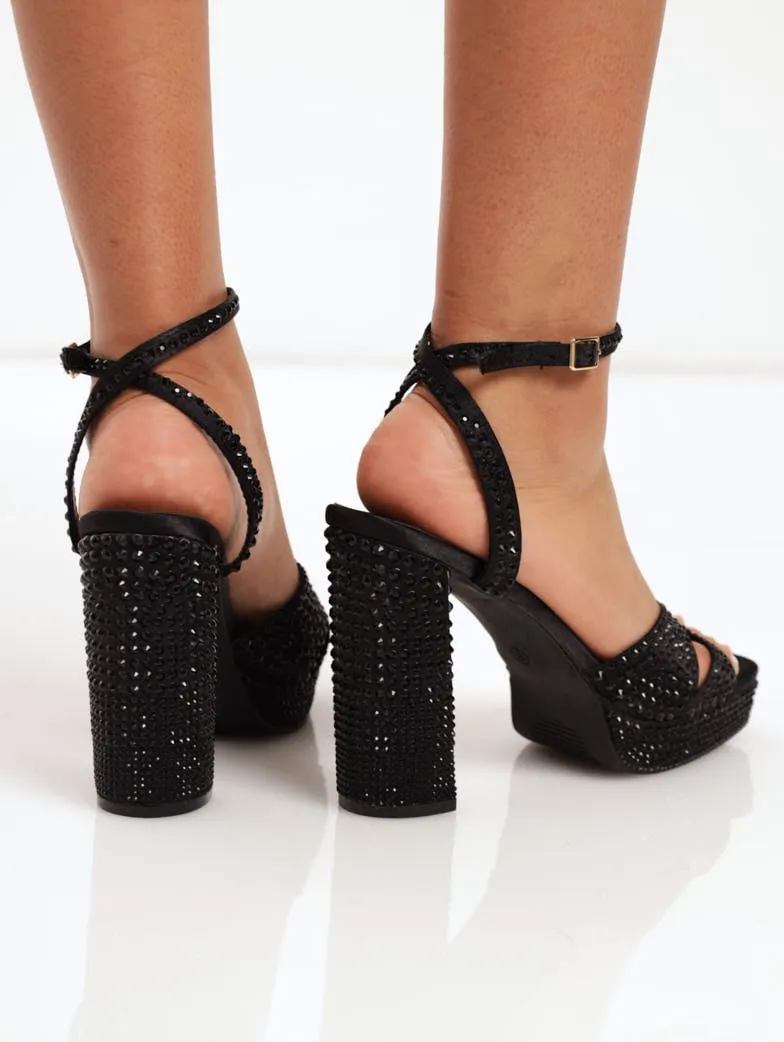 Ladies Fully Embellished Platform Hi-Block Heel - Black