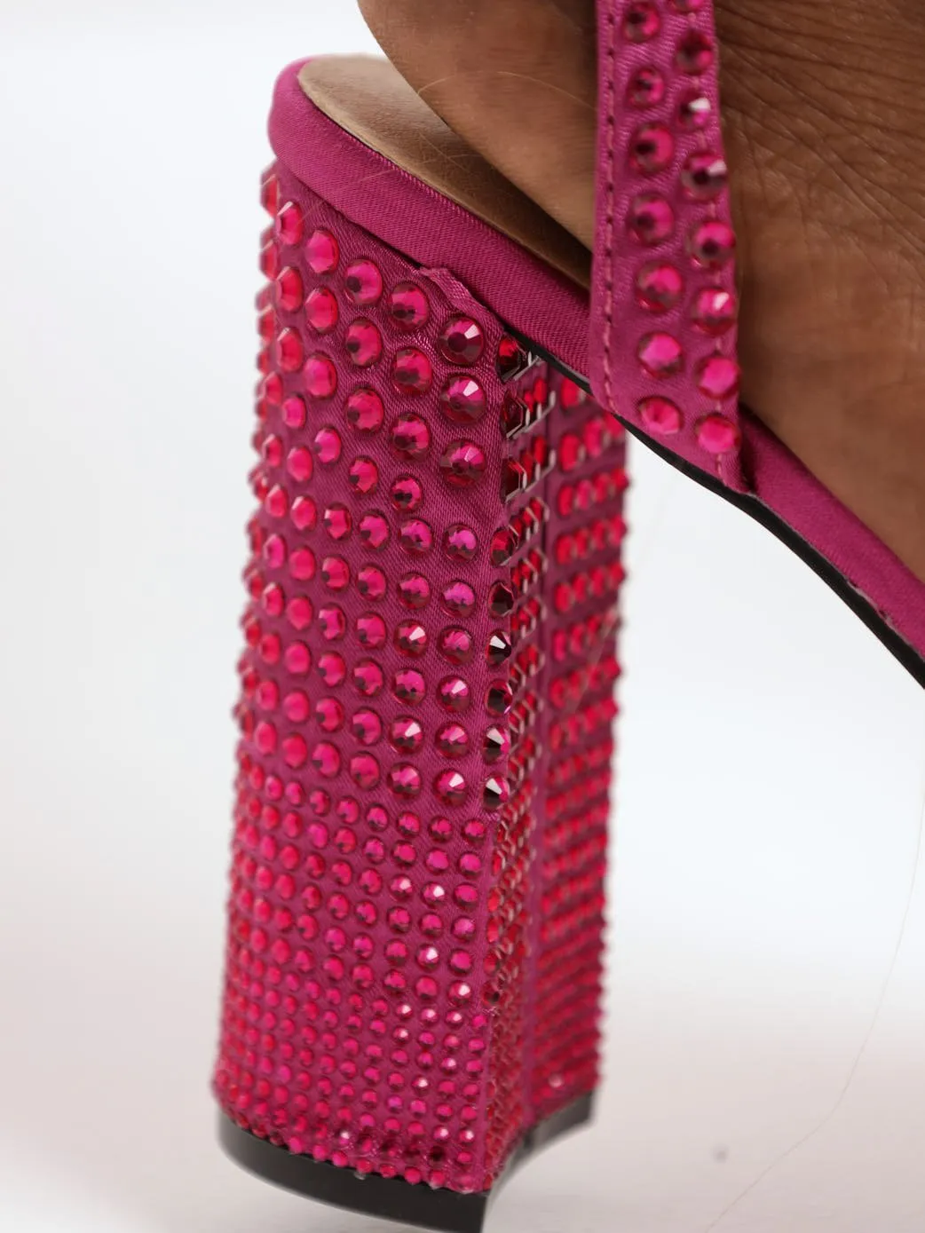 Ladies Fully Embellished Platform Hi-Block Heel - Cerise