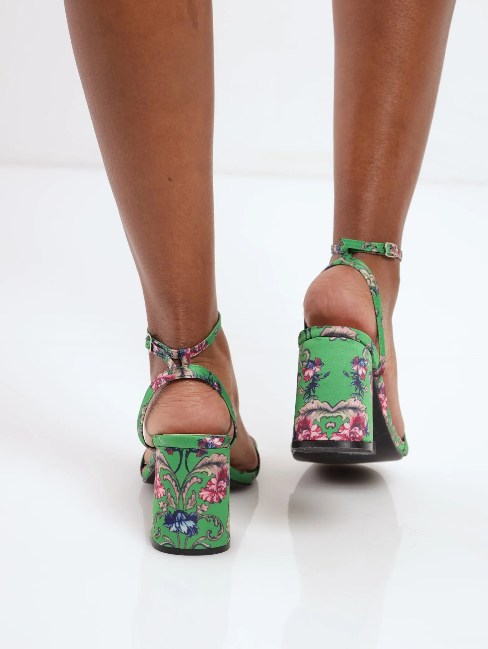 Ladies Green Flower Print Low Block Heel Sandal