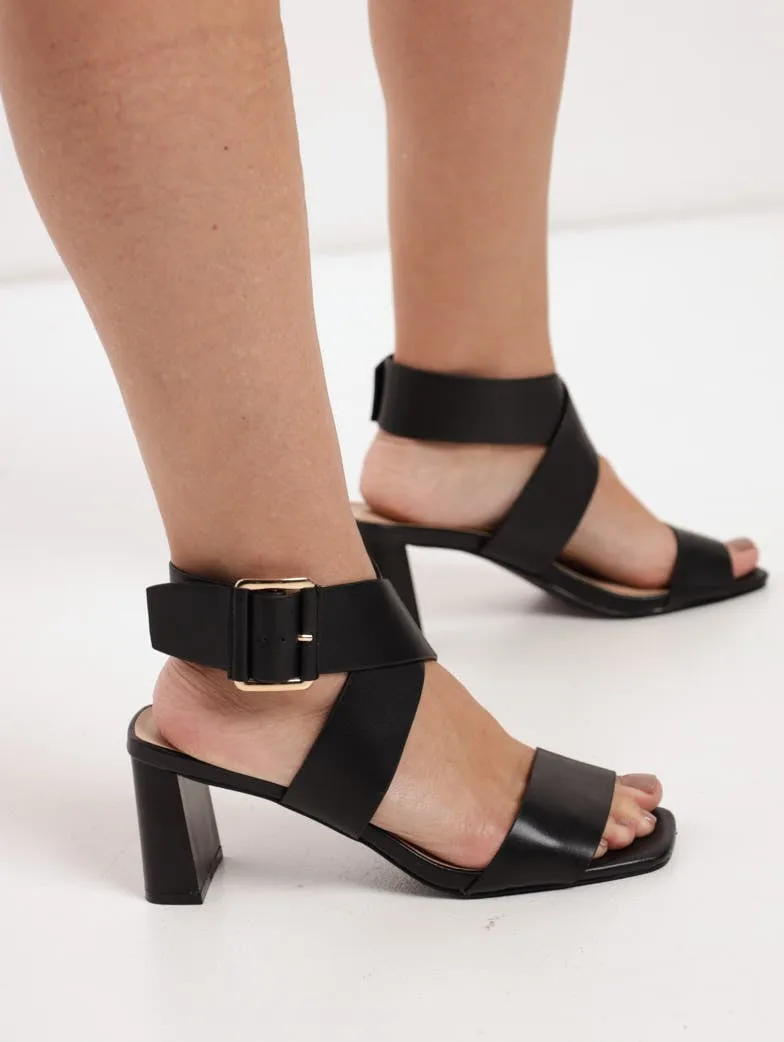 Ladies Mule Heel With Thick Cross-Over Ankle-Strap - Black