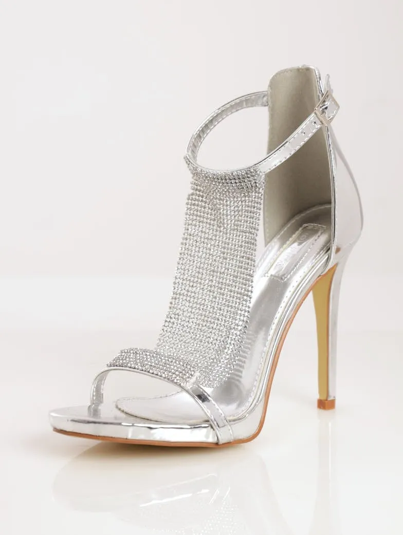 Ladies Open-Toe Ankle Strap Chainmail Stiletto Heel - Silver