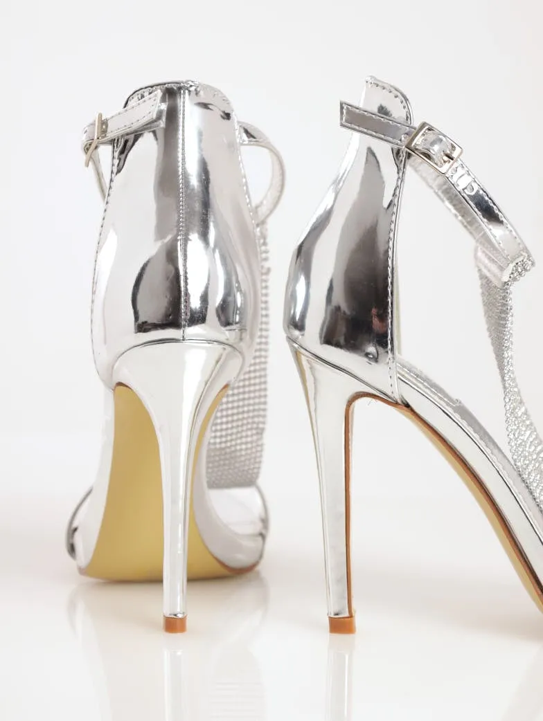 Ladies Open-Toe Ankle Strap Chainmail Stiletto Heel - Silver