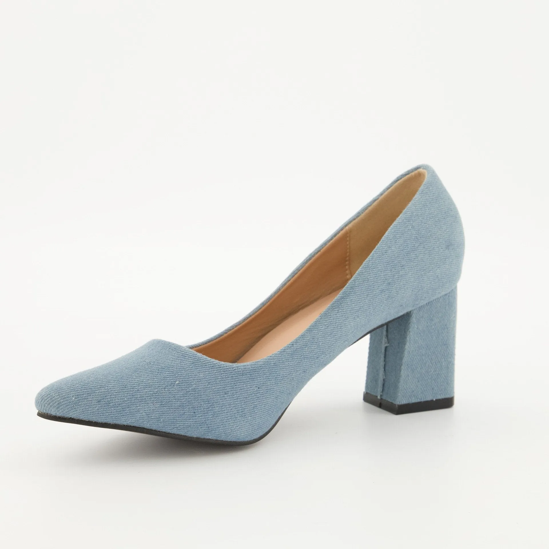 Ladies Pointy Toe Midi Block Heel - Denim