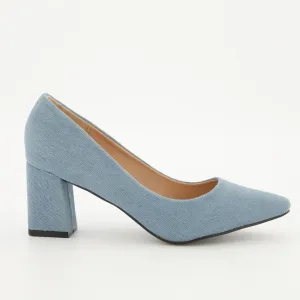 Ladies Pointy Toe Midi Block Heel - Denim