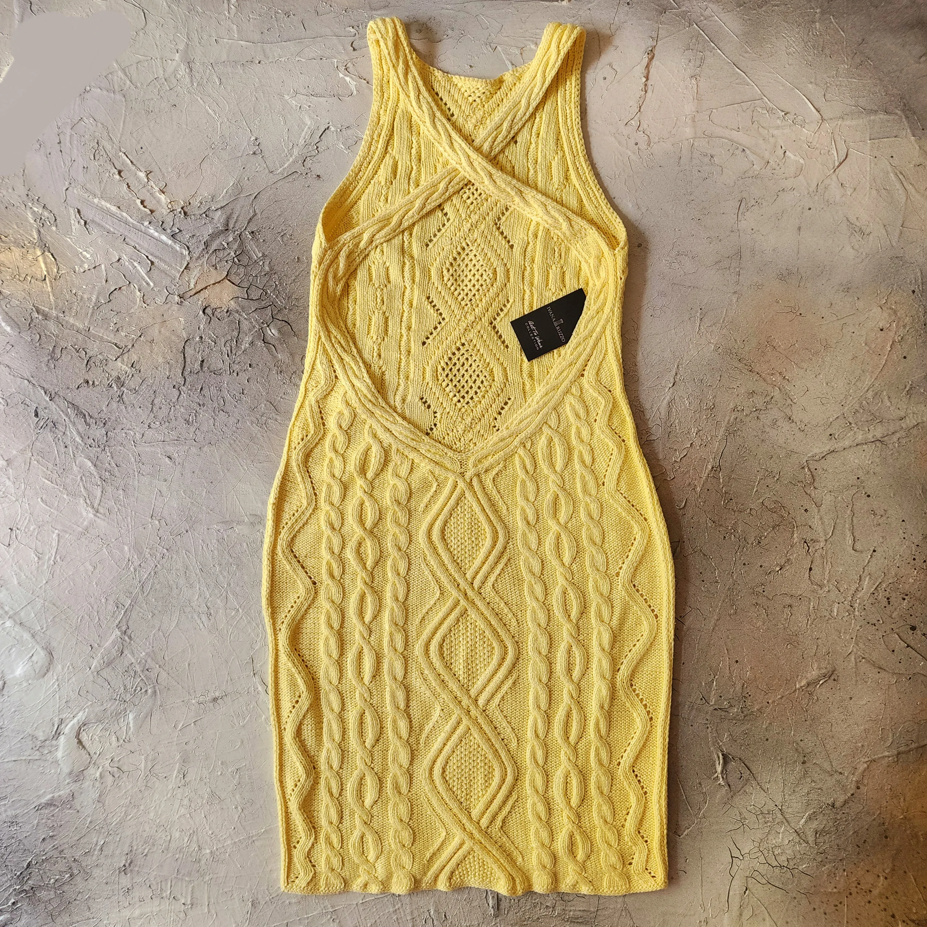 Lemon Love / Designer Slow Knitted Hand Crochet Yellow Dress Luxury Resort Wear Unique Authentic Design