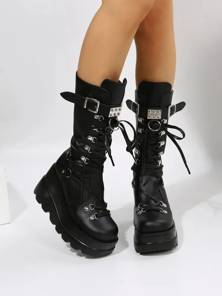 Metal Gothic Platform Punk Cosplay Wedges High Heel Boots