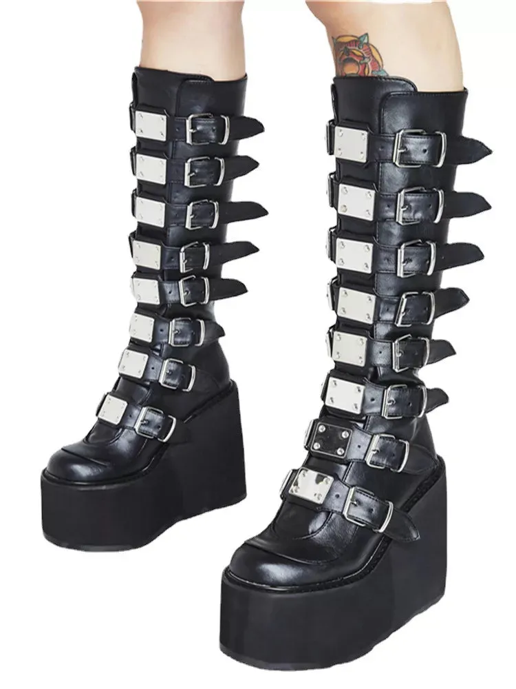 Metal Gothic Platform Punk Cosplay Wedges High Heel Boots