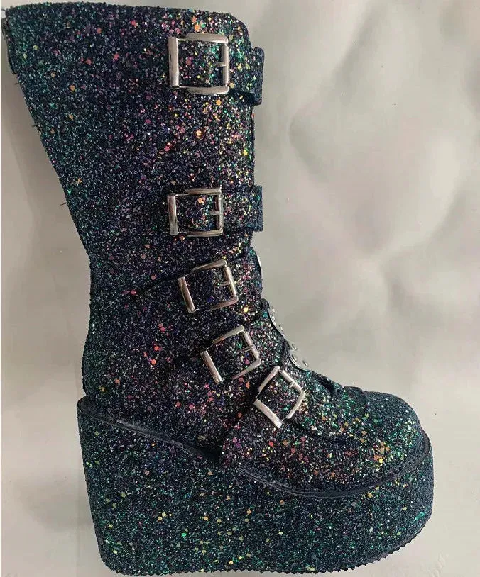 Metal Gothic Platform Punk Cosplay Wedges High Heel Boots