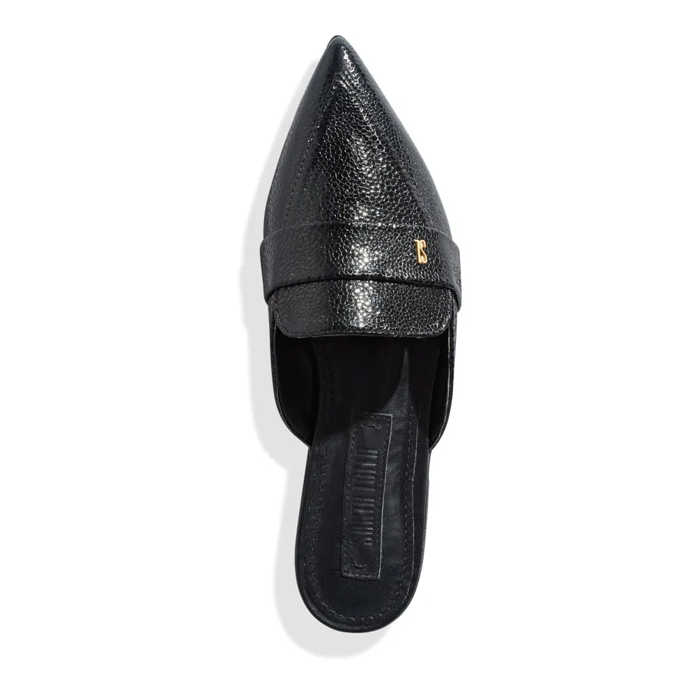 Mule Santa Lolla Preto Metalizado Glow Bico Fico