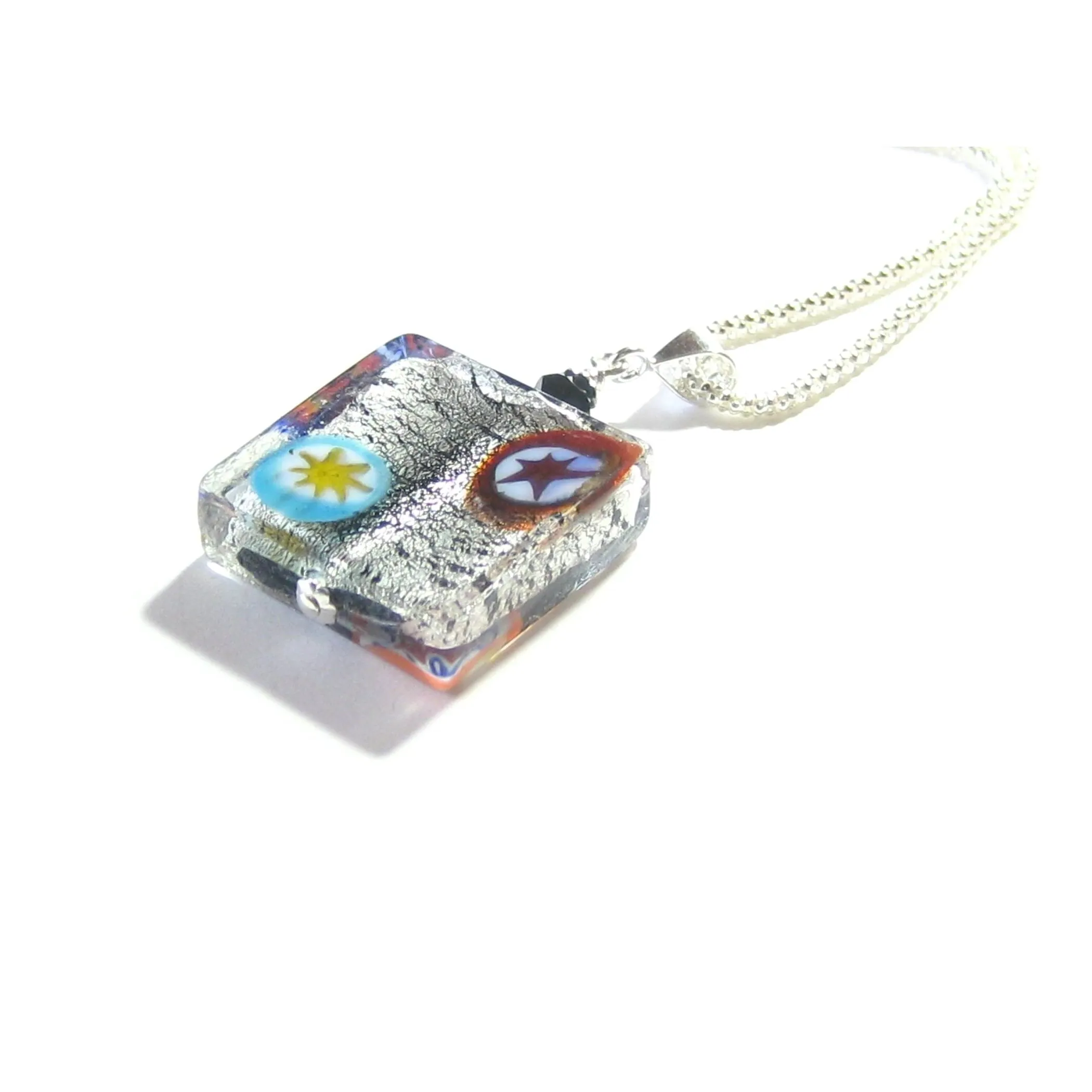 Murano Glass Black Millefiori Square Pendant