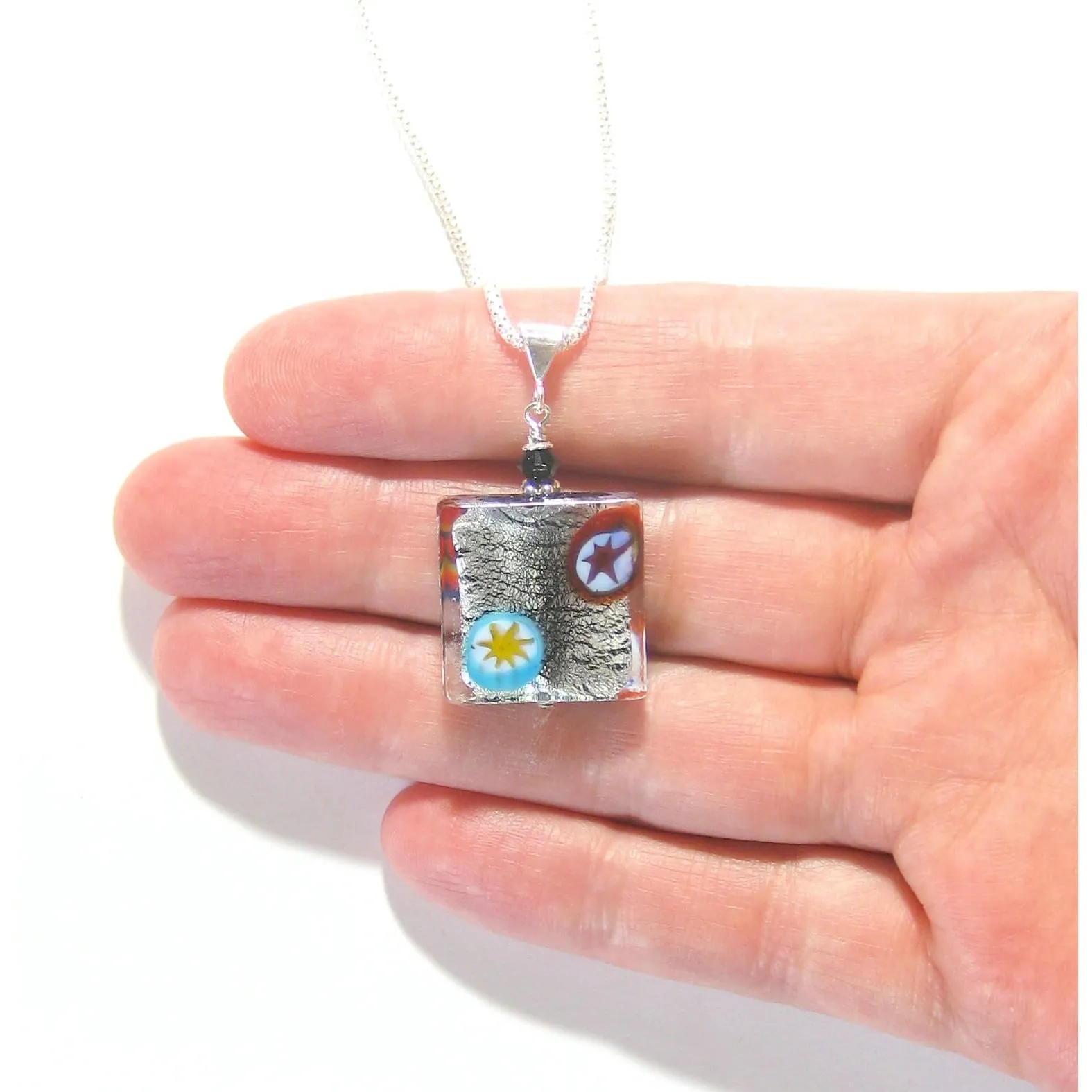 Murano Glass Black Millefiori Square Pendant