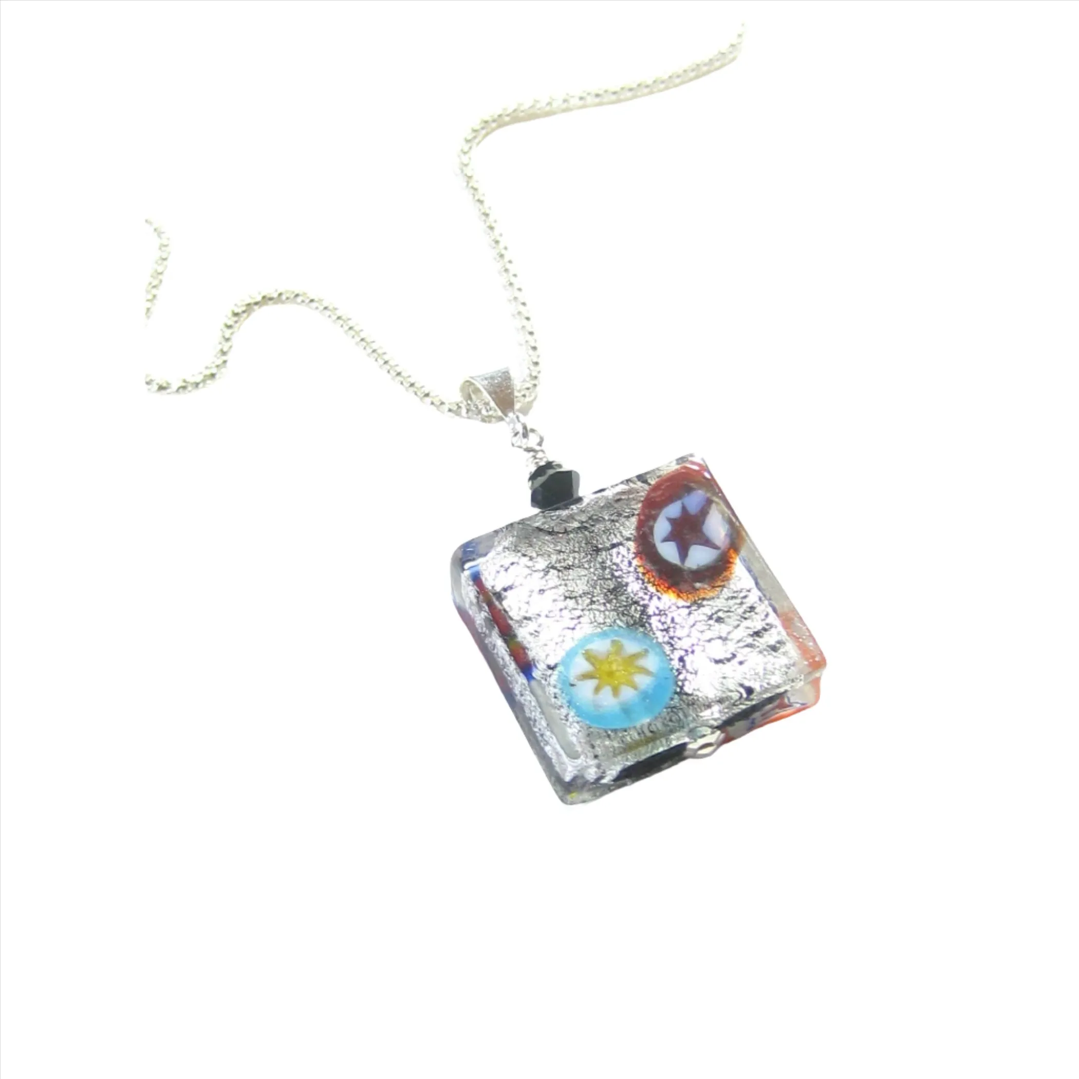 Murano Glass Black Millefiori Square Pendant