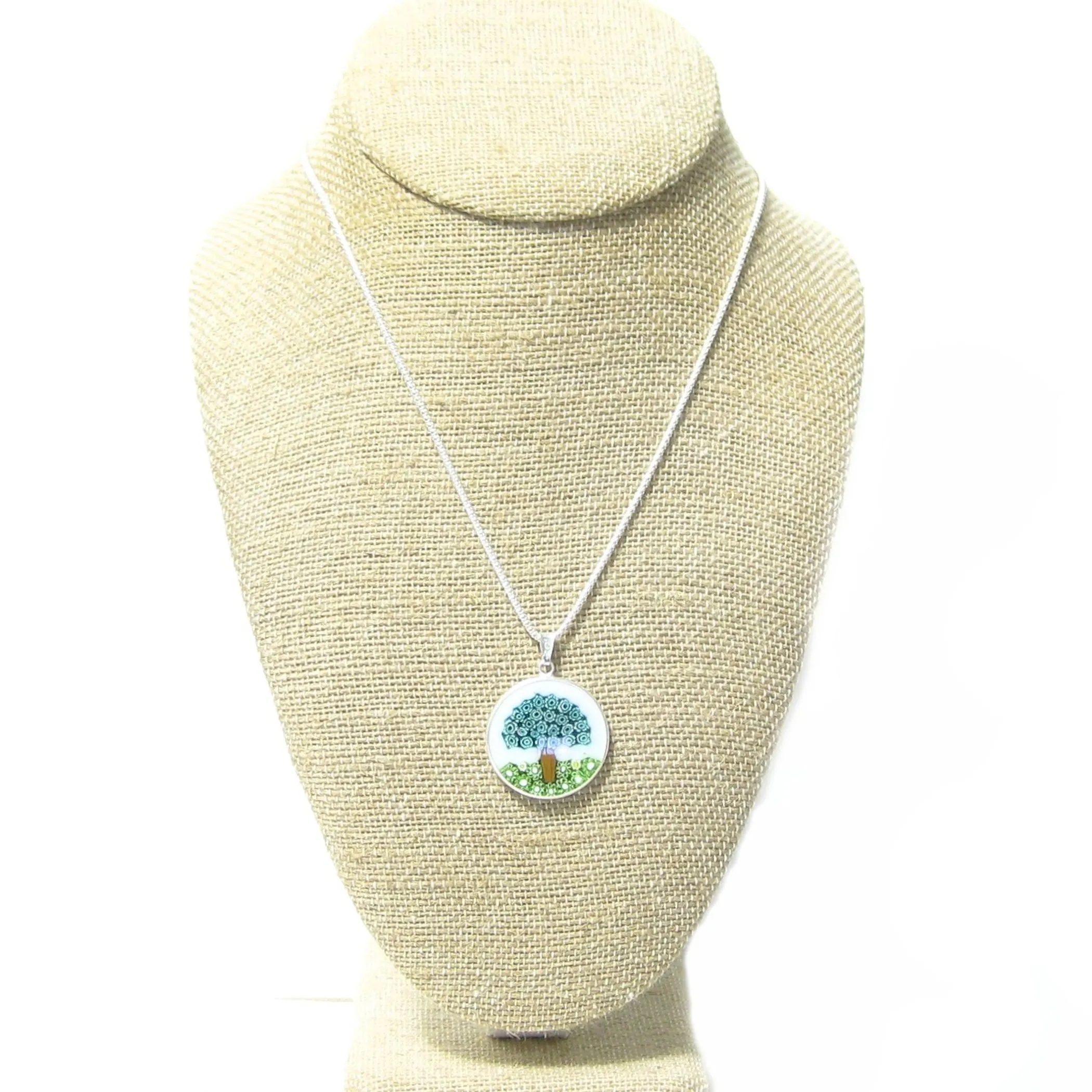 Murano Glass White Green Millefiori Tree of Life Pendant