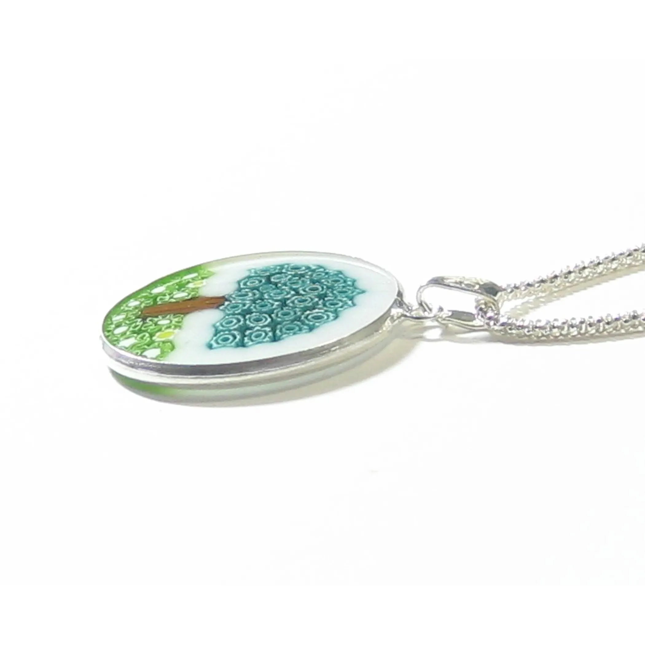 Murano Glass White Green Millefiori Tree of Life Pendant